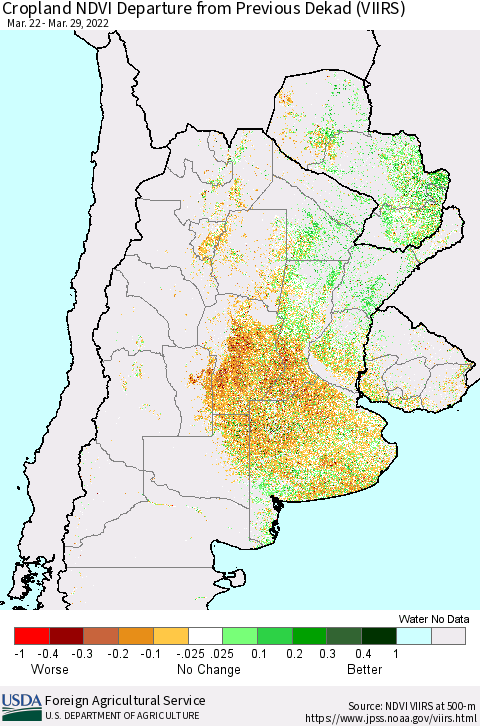 Southern South America Cropland NDVI Departure from Previous Dekad (VIIRS) Thematic Map For 3/21/2022 - 3/31/2022