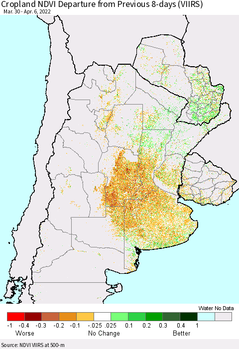 Southern South America Cropland NDVI Departure from Previous 8-days (VIIRS) Thematic Map For 3/30/2022 - 4/6/2022