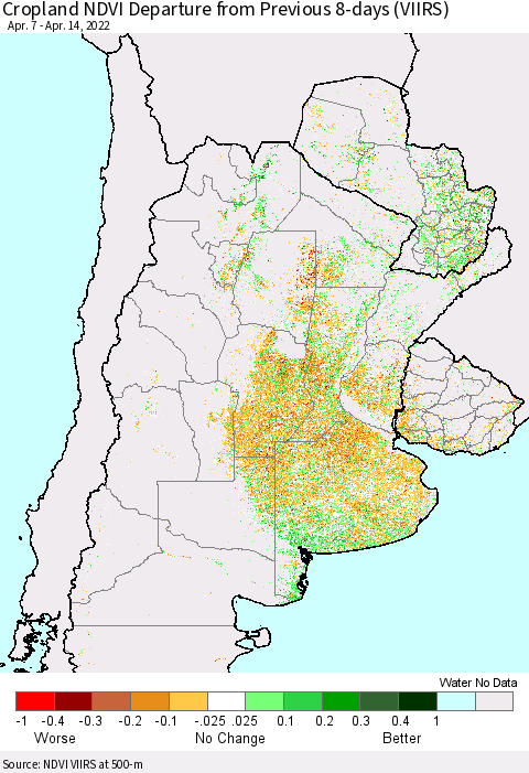Southern South America Cropland NDVI Departure from Previous 8-days (VIIRS) Thematic Map For 4/7/2022 - 4/14/2022