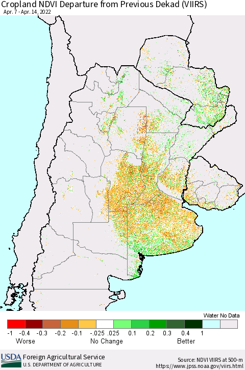 Southern South America Cropland NDVI Departure from Previous Dekad (VIIRS) Thematic Map For 4/11/2022 - 4/20/2022