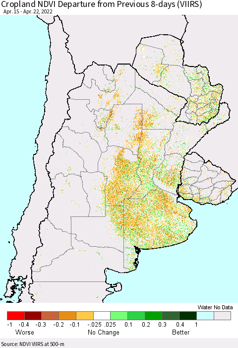 Southern South America Cropland NDVI Departure from Previous 8-days (VIIRS) Thematic Map For 4/15/2022 - 4/22/2022