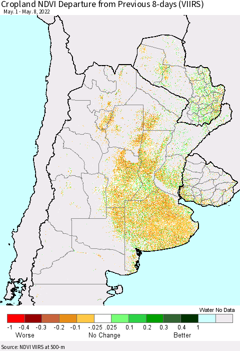 Southern South America Cropland NDVI Departure from Previous 8-days (VIIRS) Thematic Map For 5/1/2022 - 5/8/2022