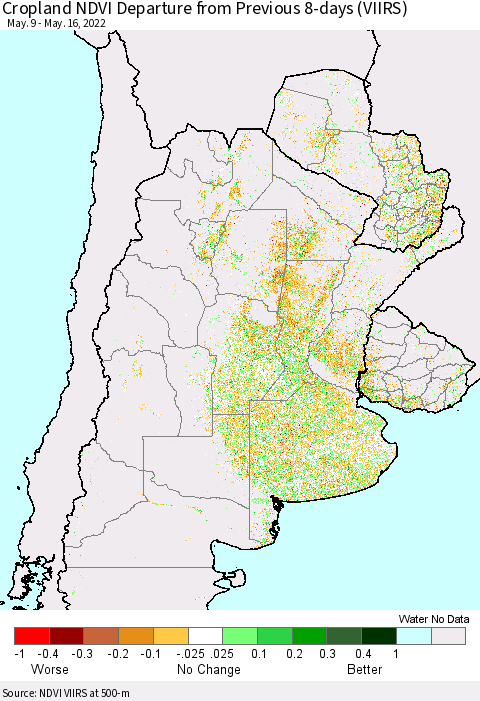 Southern South America Cropland NDVI Departure from Previous 8-days (VIIRS) Thematic Map For 5/9/2022 - 5/16/2022