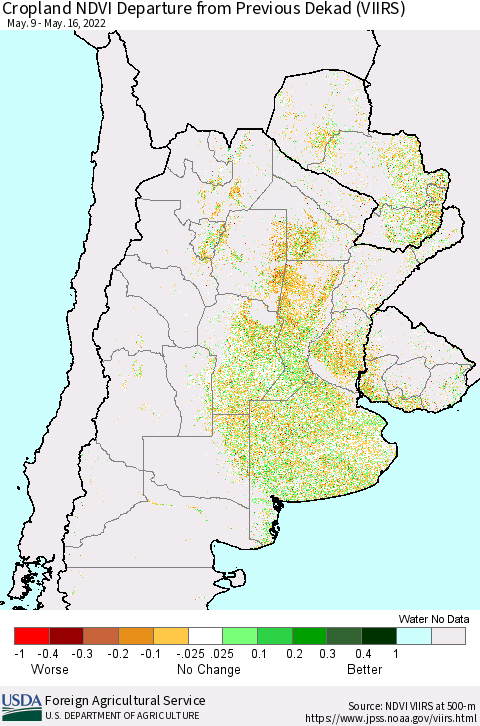 Southern South America Cropland NDVI Departure from Previous Dekad (VIIRS) Thematic Map For 5/11/2022 - 5/20/2022