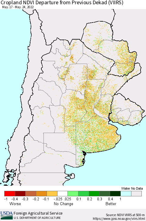 Southern South America Cropland NDVI Departure from Previous Dekad (VIIRS) Thematic Map For 5/21/2022 - 5/31/2022