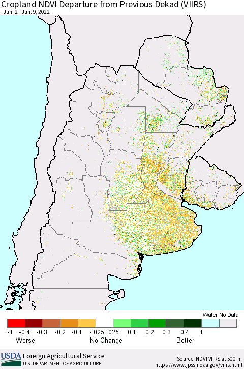 Southern South America Cropland NDVI Departure from Previous Dekad (VIIRS) Thematic Map For 6/1/2022 - 6/10/2022