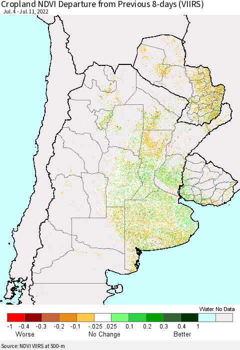 Southern South America Cropland NDVI Departure from Previous 8-days (VIIRS) Thematic Map For 7/4/2022 - 7/11/2022
