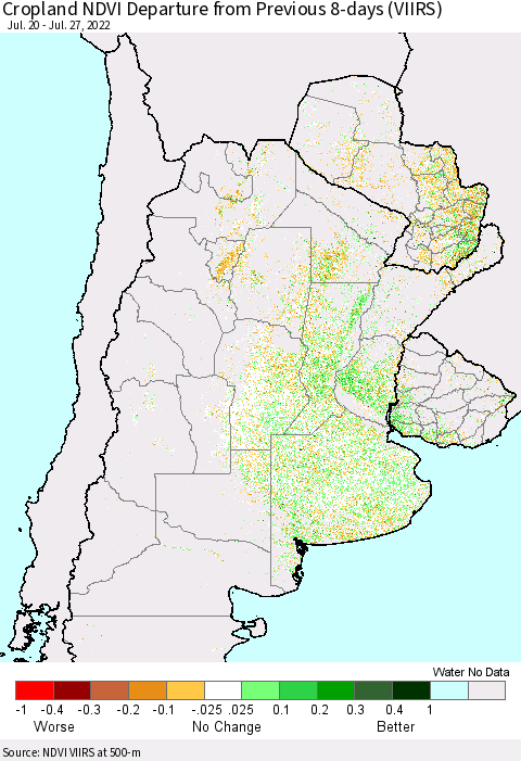 Southern South America Cropland NDVI Departure from Previous 8-days (VIIRS) Thematic Map For 7/20/2022 - 7/27/2022