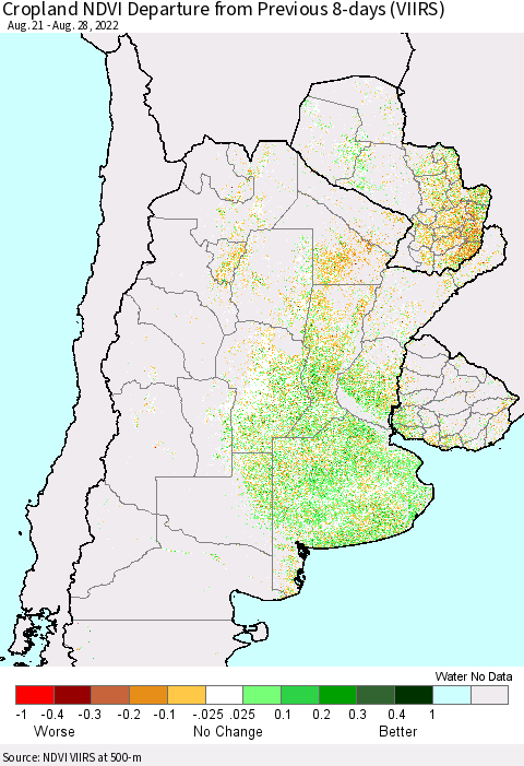 Southern South America Cropland NDVI Departure from Previous 8-days (VIIRS) Thematic Map For 8/21/2022 - 8/28/2022