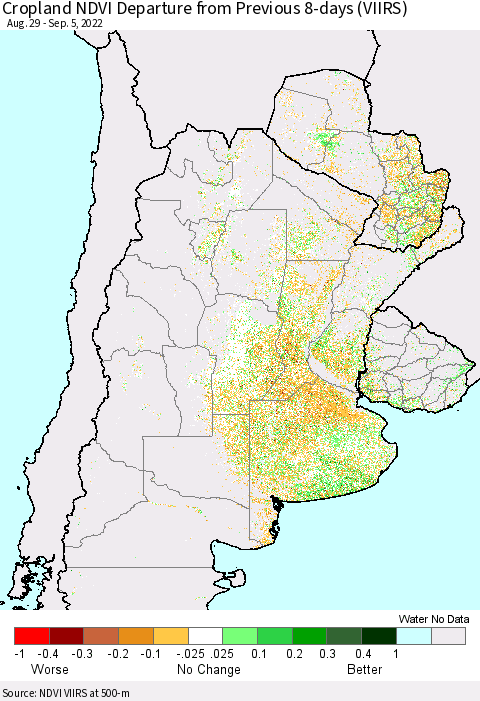 Southern South America Cropland NDVI Departure from Previous 8-days (VIIRS) Thematic Map For 8/29/2022 - 9/5/2022