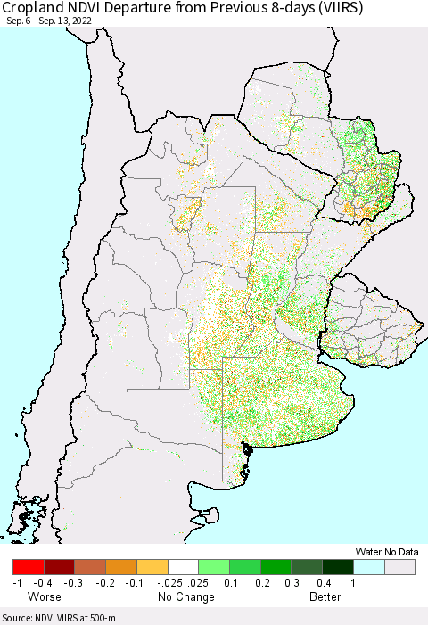 Southern South America Cropland NDVI Departure from Previous 8-days (VIIRS) Thematic Map For 9/6/2022 - 9/13/2022