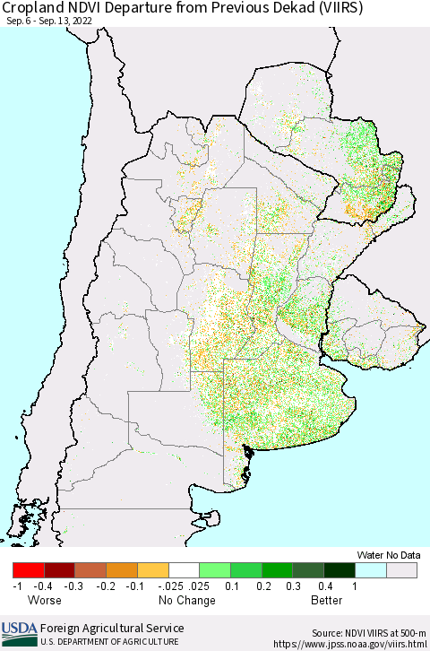 Southern South America Cropland NDVI Departure from Previous Dekad (VIIRS) Thematic Map For 9/11/2022 - 9/20/2022