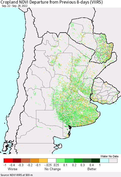 Southern South America Cropland NDVI Departure from Previous 8-days (VIIRS) Thematic Map For 9/22/2022 - 9/29/2022
