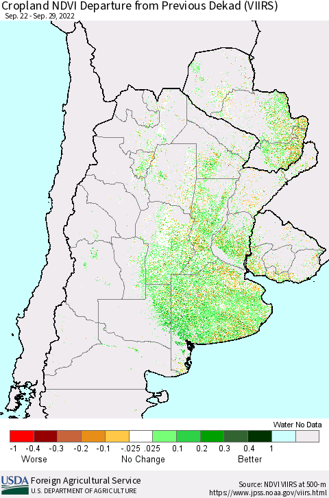 Southern South America Cropland NDVI Departure from Previous Dekad (VIIRS) Thematic Map For 9/21/2022 - 9/30/2022