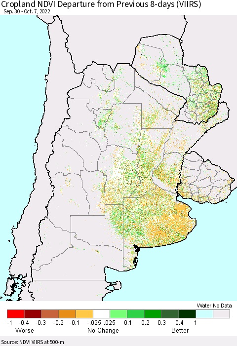Southern South America Cropland NDVI Departure from Previous 8-days (VIIRS) Thematic Map For 9/30/2022 - 10/7/2022