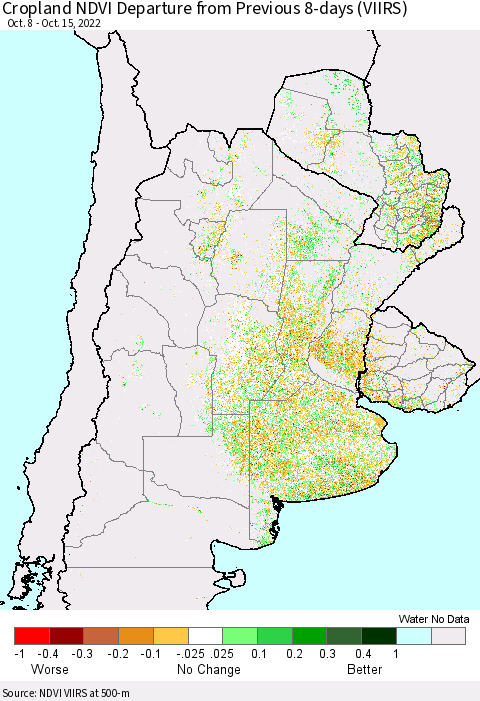 Southern South America Cropland NDVI Departure from Previous 8-days (VIIRS) Thematic Map For 10/8/2022 - 10/15/2022