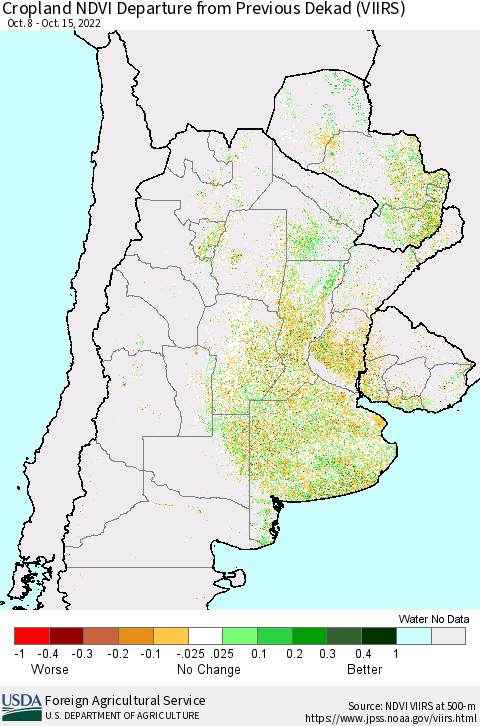 Southern South America Cropland NDVI Departure from Previous Dekad (VIIRS) Thematic Map For 10/11/2022 - 10/20/2022