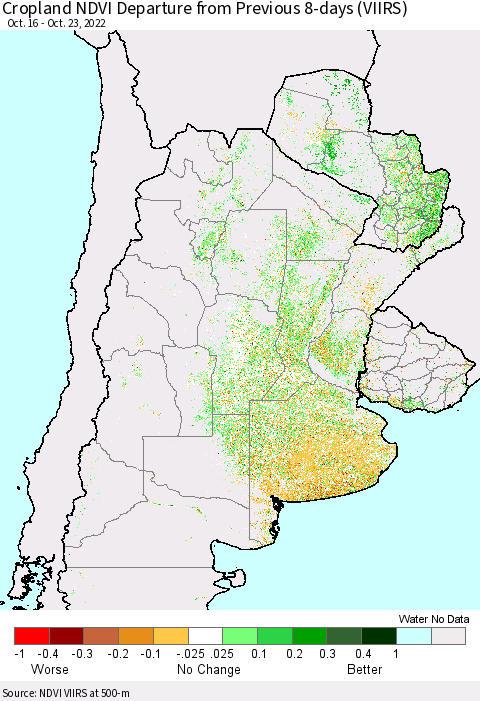 Southern South America Cropland NDVI Departure from Previous 8-days (VIIRS) Thematic Map For 10/16/2022 - 10/23/2022