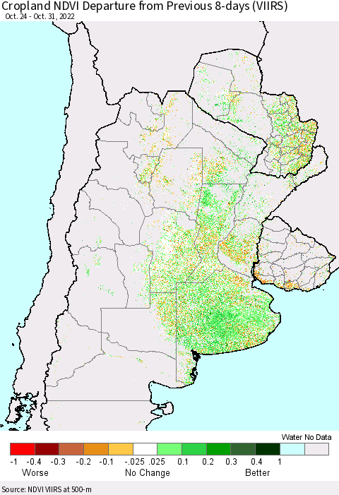 Southern South America Cropland NDVI Departure from Previous Dekad (VIIRS) Thematic Map For 10/21/2022 - 10/31/2022
