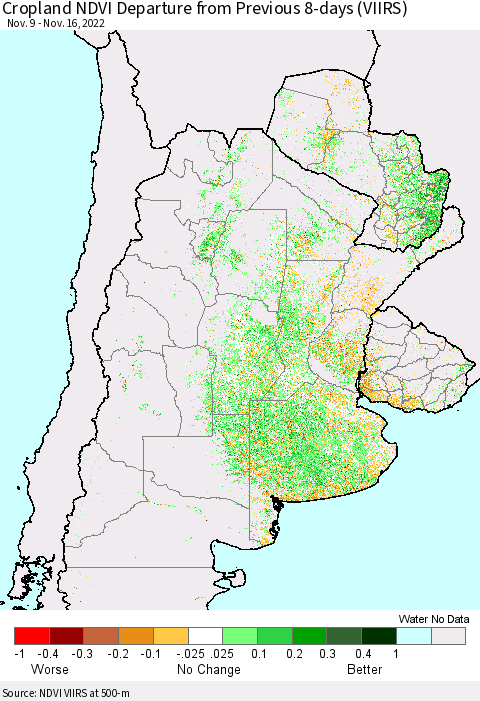 Southern South America Cropland NDVI Departure from Previous 8-days (VIIRS) Thematic Map For 11/9/2022 - 11/16/2022