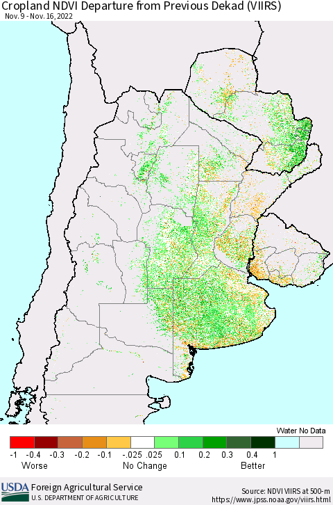 Southern South America Cropland NDVI Departure from Previous Dekad (VIIRS) Thematic Map For 11/11/2022 - 11/20/2022