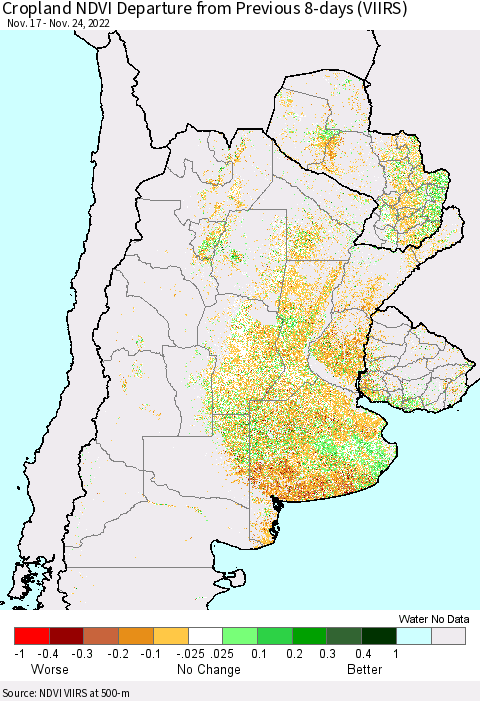 Southern South America Cropland NDVI Departure from Previous 8-days (VIIRS) Thematic Map For 11/17/2022 - 11/24/2022