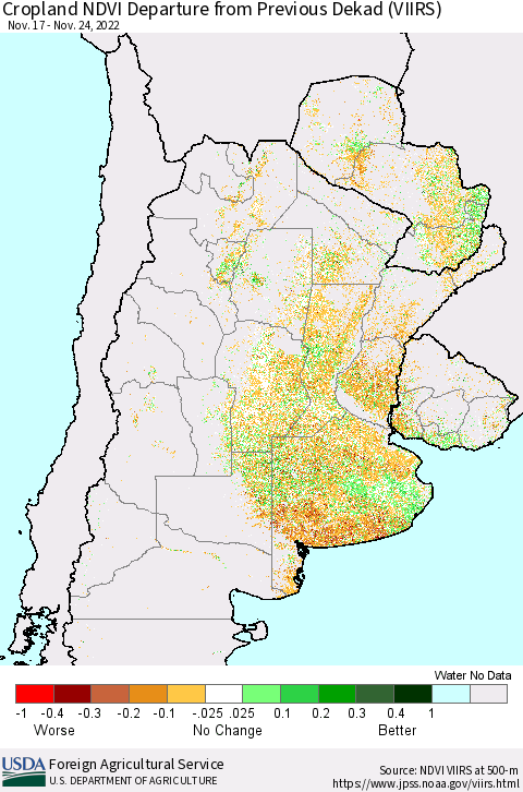 Southern South America Cropland NDVI Departure from Previous Dekad (VIIRS) Thematic Map For 11/21/2022 - 11/30/2022