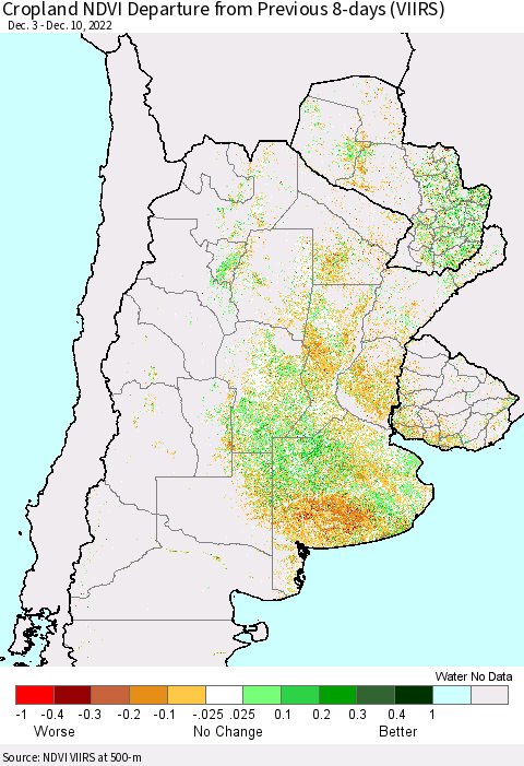 Southern South America Cropland NDVI Departure from Previous Dekad (VIIRS) Thematic Map For 12/1/2022 - 12/10/2022