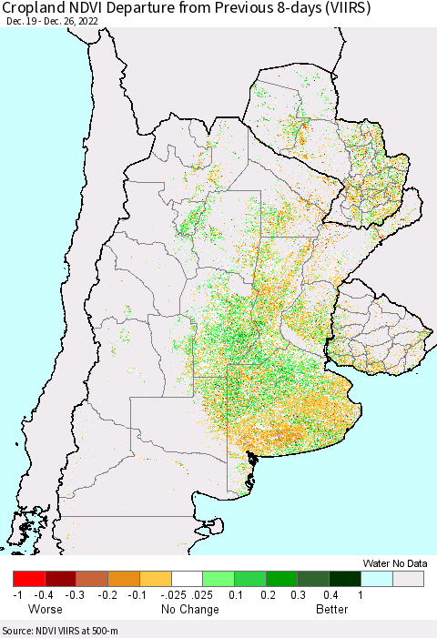 Southern South America Cropland NDVI Departure from Previous 8-days (VIIRS) Thematic Map For 12/19/2022 - 12/26/2022