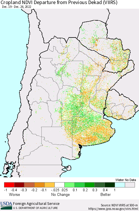 Southern South America Cropland NDVI Departure from Previous Dekad (VIIRS) Thematic Map For 12/21/2022 - 12/31/2022