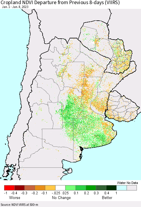 Southern South America Cropland NDVI Departure from Previous 8-days (VIIRS) Thematic Map For 1/1/2023 - 1/8/2023