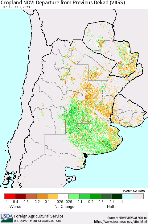 Southern South America Cropland NDVI Departure from Previous Dekad (VIIRS) Thematic Map For 1/1/2023 - 1/10/2023