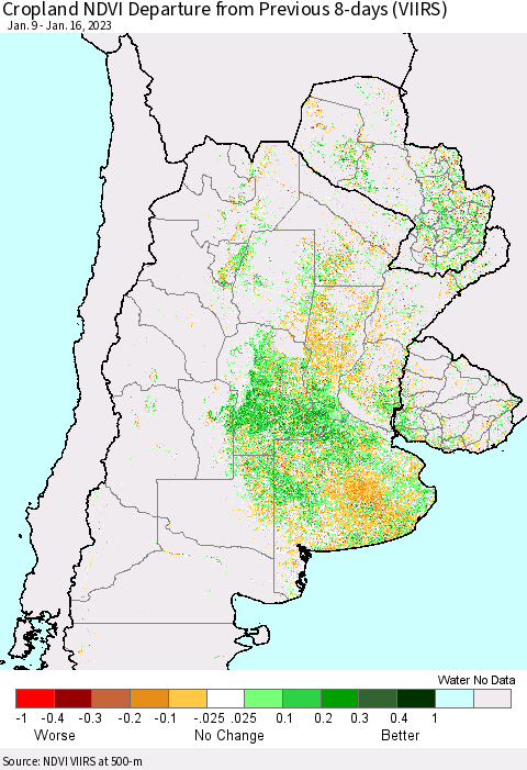 Southern South America Cropland NDVI Departure from Previous 8-days (VIIRS) Thematic Map For 1/9/2023 - 1/16/2023