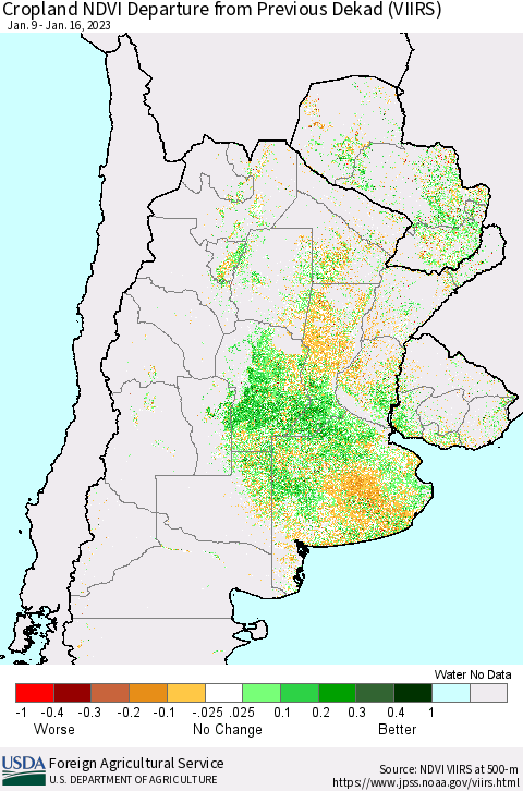 Southern South America Cropland NDVI Departure from Previous Dekad (VIIRS) Thematic Map For 1/11/2023 - 1/20/2023