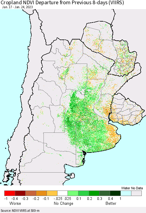 Southern South America Cropland NDVI Departure from Previous 8-days (VIIRS) Thematic Map For 1/17/2023 - 1/24/2023