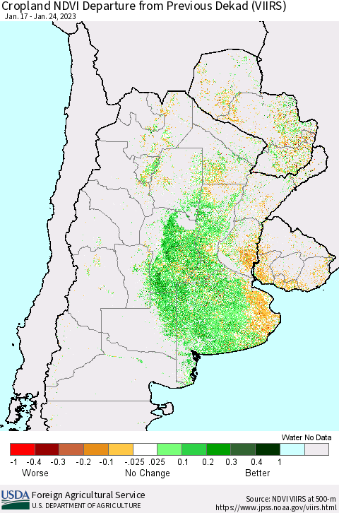 Southern South America Cropland NDVI Departure from Previous Dekad (VIIRS) Thematic Map For 1/21/2023 - 1/31/2023
