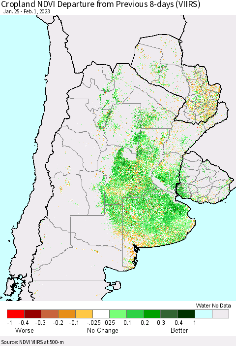 Southern South America Cropland NDVI Departure from Previous 8-days (VIIRS) Thematic Map For 1/25/2023 - 2/1/2023