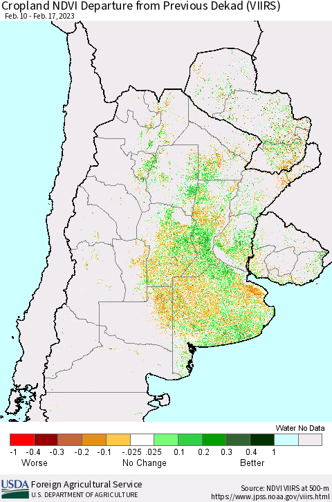 Southern South America Cropland NDVI Departure from Previous Dekad (VIIRS) Thematic Map For 2/11/2023 - 2/20/2023