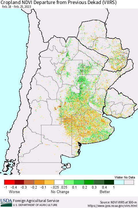 Southern South America Cropland NDVI Departure from Previous Dekad (VIIRS) Thematic Map For 2/21/2023 - 2/28/2023