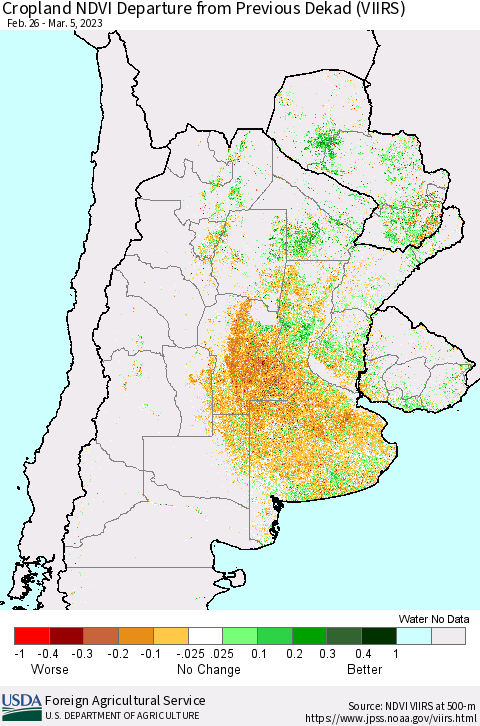 Southern South America Cropland NDVI Departure from Previous Dekad (VIIRS) Thematic Map For 3/1/2023 - 3/10/2023