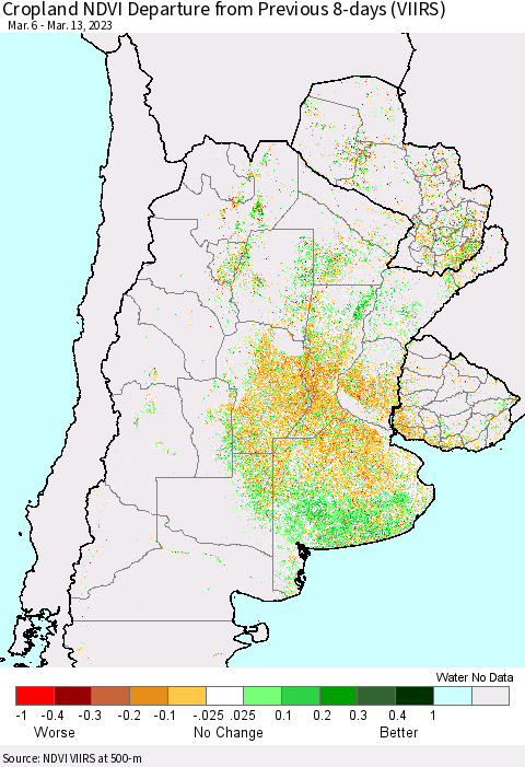 Southern South America Cropland NDVI Departure from Previous 8-days (VIIRS) Thematic Map For 3/6/2023 - 3/13/2023