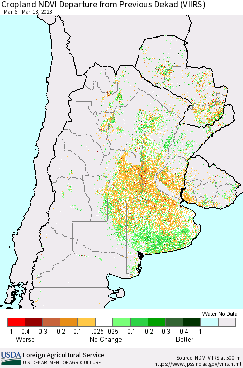 Southern South America Cropland NDVI Departure from Previous Dekad (VIIRS) Thematic Map For 3/11/2023 - 3/20/2023