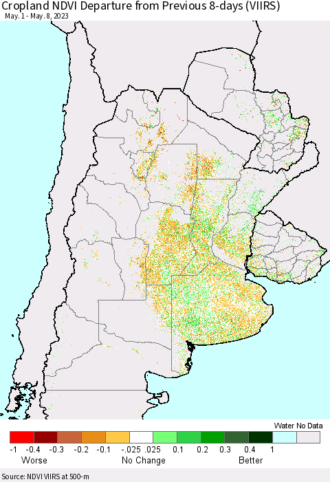 Southern South America Cropland NDVI Departure from Previous 8-days (VIIRS) Thematic Map For 5/1/2023 - 5/8/2023