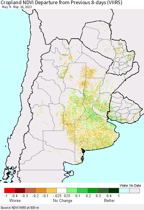 Southern South America Cropland NDVI Departure from Previous 8-days (VIIRS) Thematic Map For 5/9/2023 - 5/16/2023