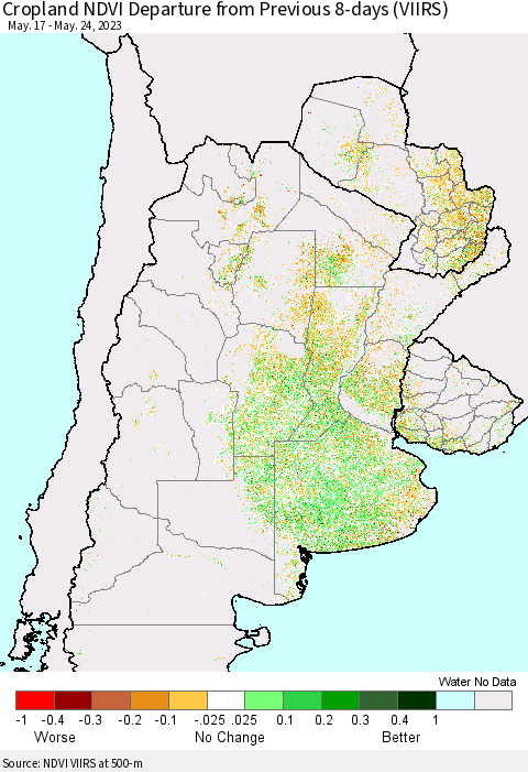 Southern South America Cropland NDVI Departure from Previous 8-days (VIIRS) Thematic Map For 5/17/2023 - 5/24/2023