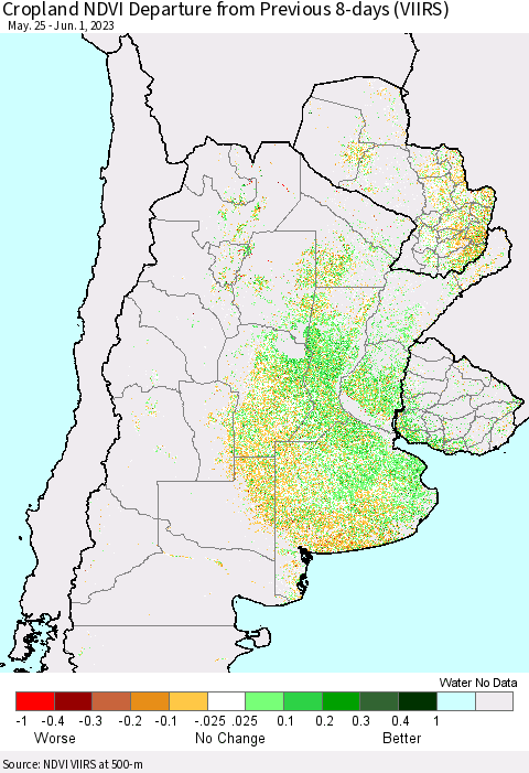 Southern South America Cropland NDVI Departure from Previous 8-days (VIIRS) Thematic Map For 5/25/2023 - 6/1/2023