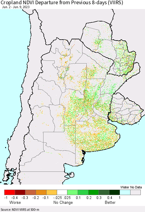Southern South America Cropland NDVI Departure from Previous 8-days (VIIRS) Thematic Map For 6/2/2023 - 6/9/2023