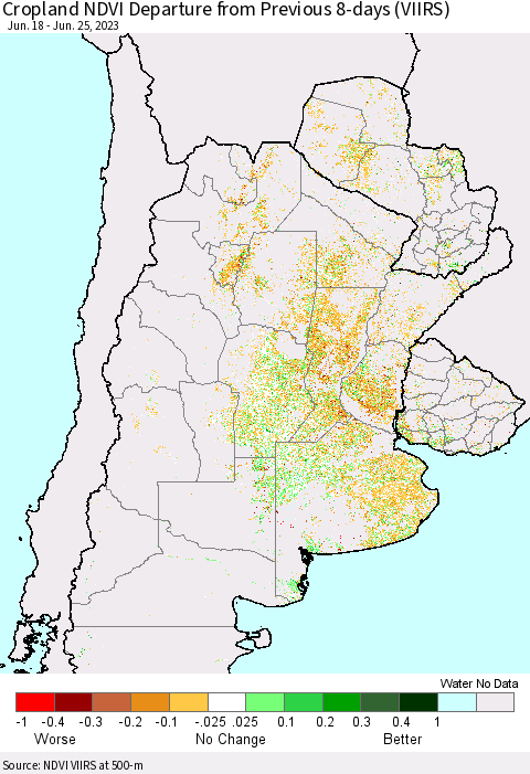 Southern South America Cropland NDVI Departure from Previous 8-days (VIIRS) Thematic Map For 6/18/2023 - 6/25/2023