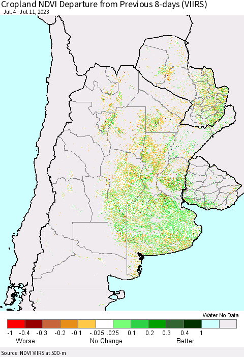 Southern South America Cropland NDVI Departure from Previous 8-days (VIIRS) Thematic Map For 7/4/2023 - 7/11/2023