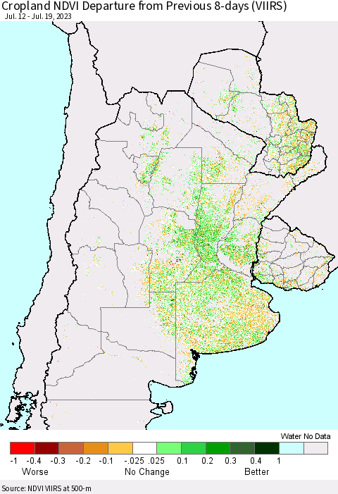 Southern South America Cropland NDVI Departure from Previous 8-days (VIIRS) Thematic Map For 7/12/2023 - 7/19/2023